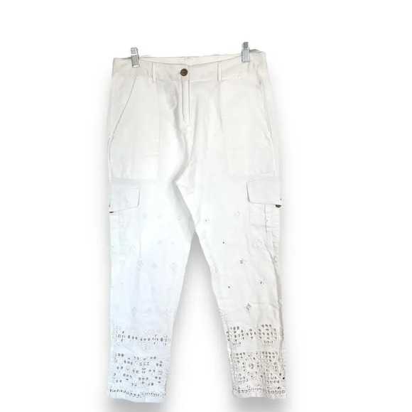 SUNDANCE White Eyelet Cargo Pants Lace Linen Summer Beachy Coastal Size 2 - Picture 2 of 9